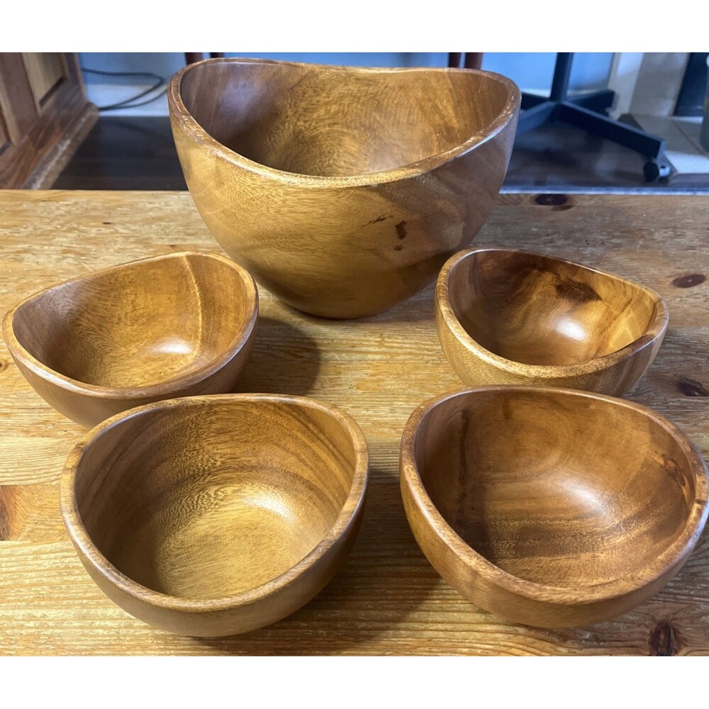 Crate & Barrel Acacia Wood Salad Bowl Set Serving + 4 Individual 6" Wooden Bowls
